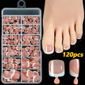 Open box showing 120 French white tip nude square false toe nails in assorted shades.