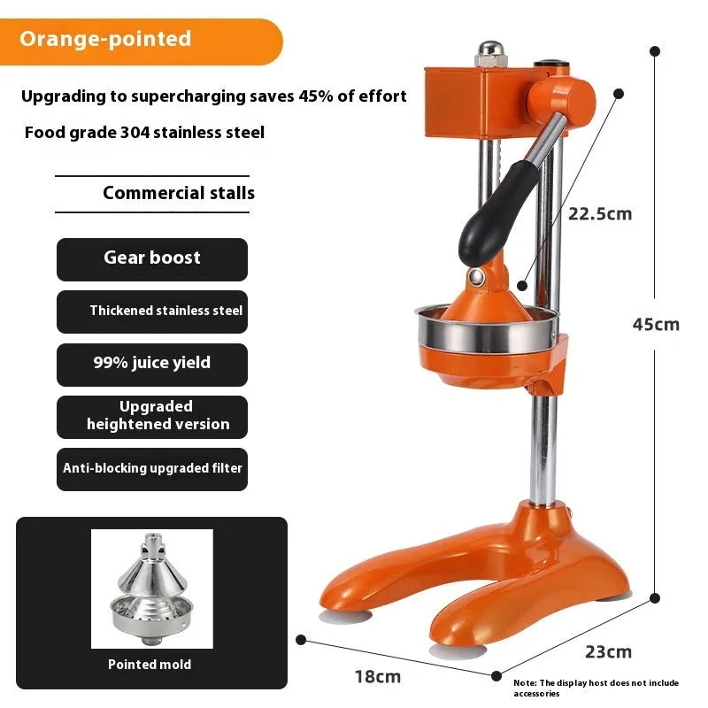 Stainless steel manual vertical citrus juicer on a countertop, showing optional colour finishes and head styles.