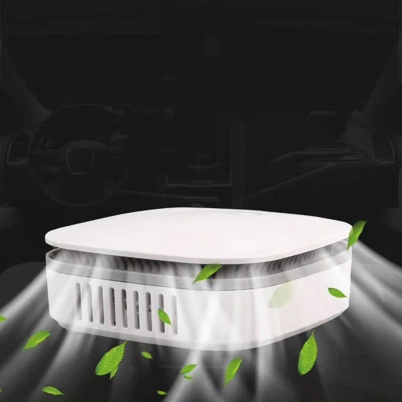 White USB-powered car air purifier with a composite filter for odour removal and disinfection.