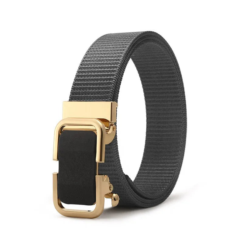 Men's nylon canvas belt with toothless alloy buckle shown in multiple colour options.