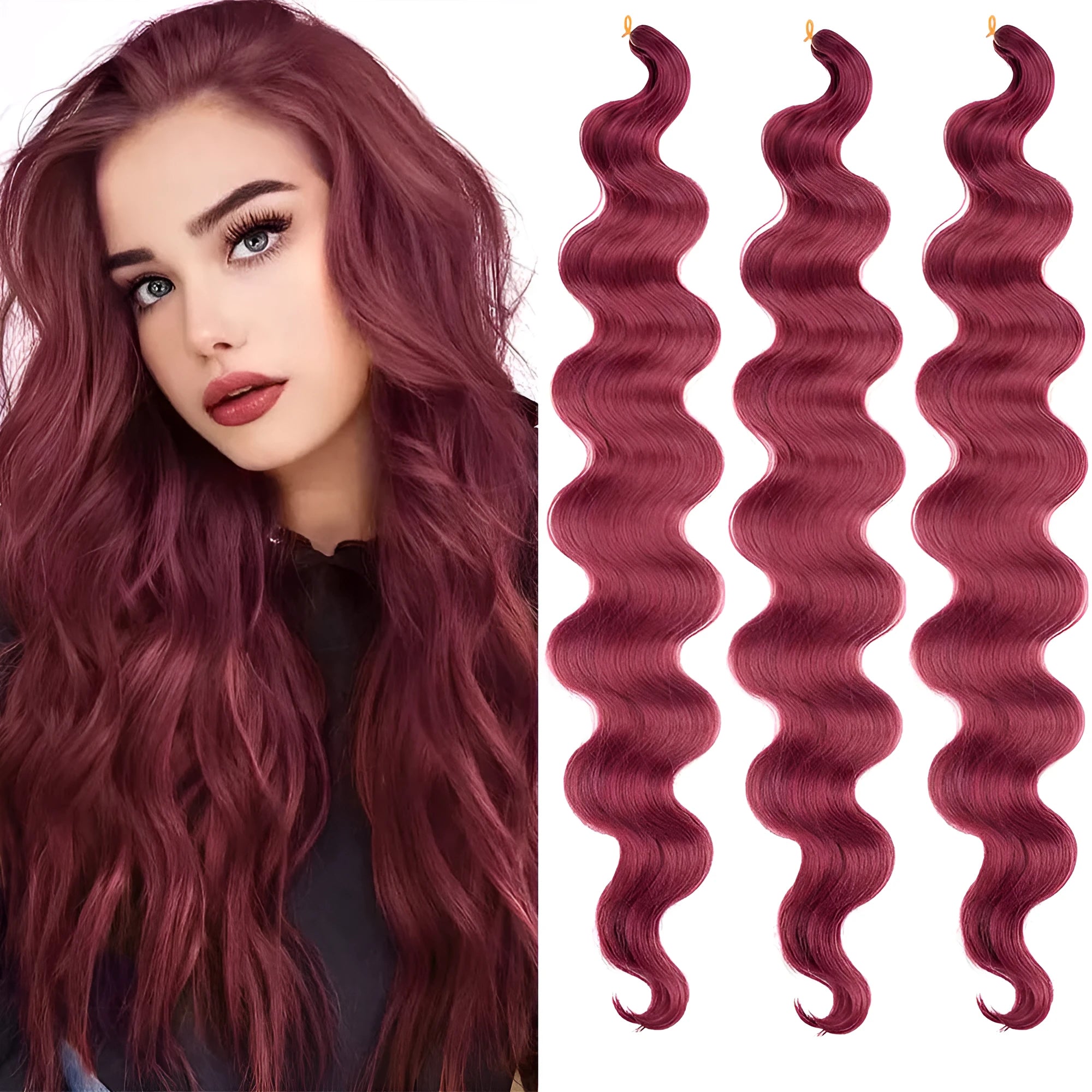 Long wine red synthetic wig with big waves, shown as a 24-inch crochet hair extension.