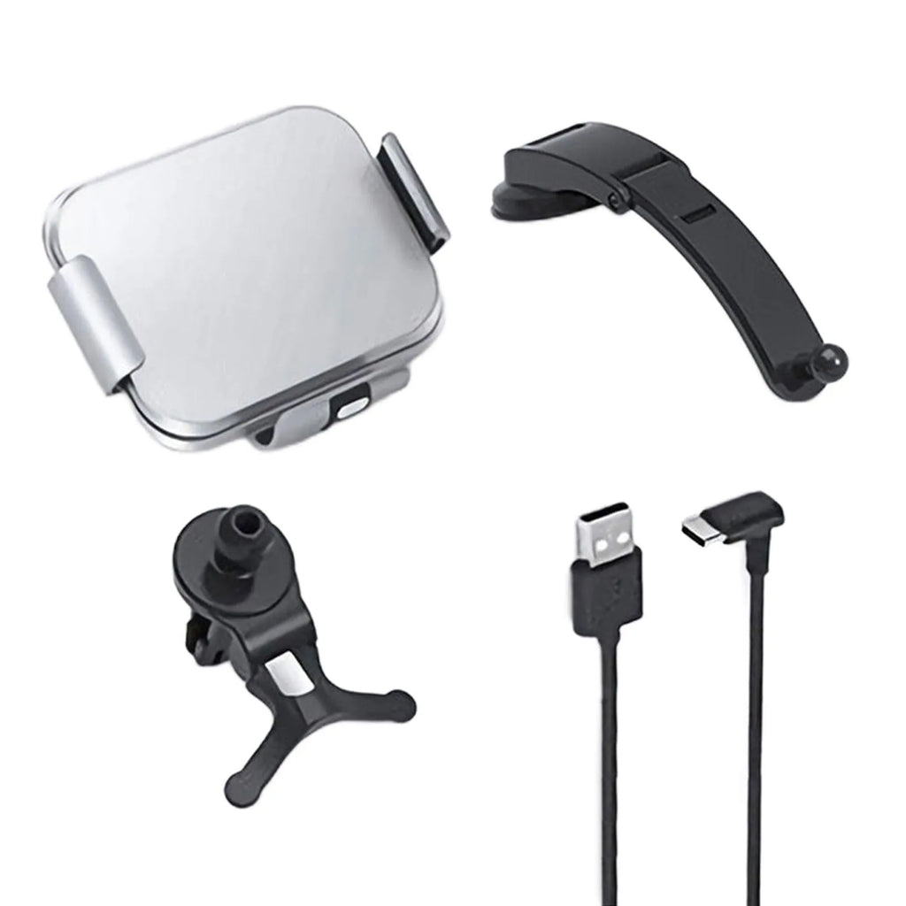 Grey wireless car phone holder with folding screen showing air conditioner clip and suction cup mounting options