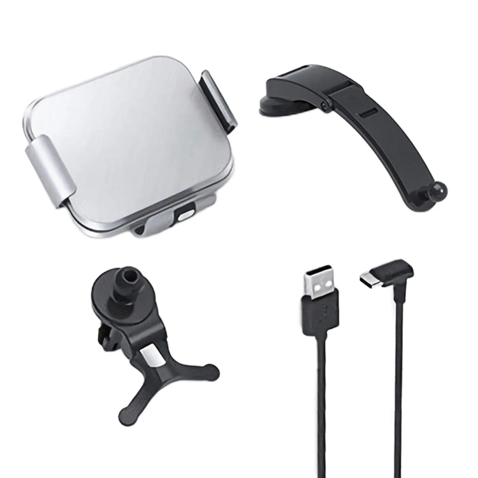 Grey wireless car phone holder with folding screen showing air conditioner clip and suction cup mounting options