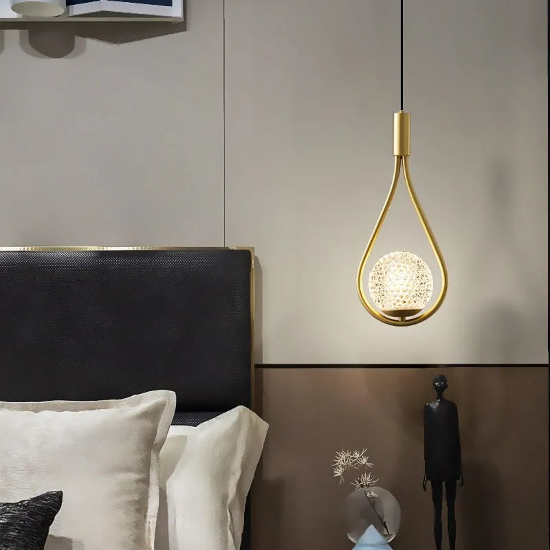 Modern minimalist bedside chandelier lamp for bedrooms with copper or black and gold finishes