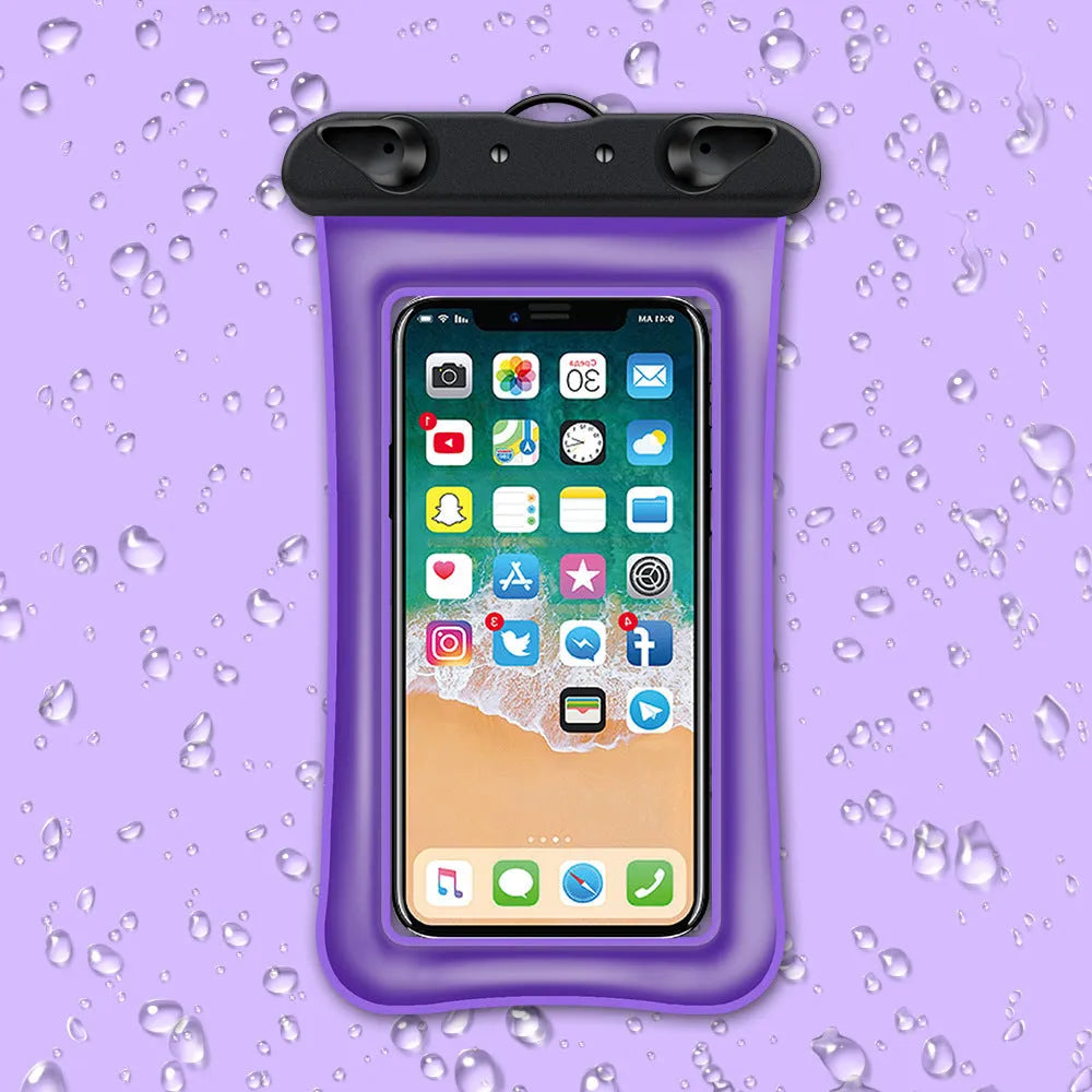 Orange waterproof phone pouch with black neck rope on a blue background.