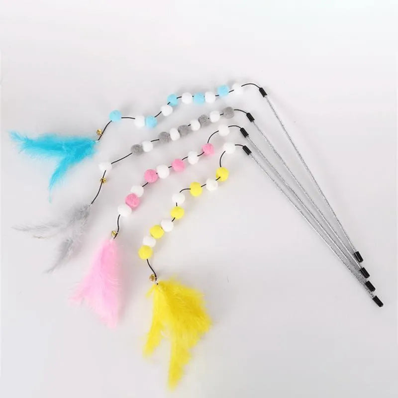 Grey, yellow and blue cat teaser rod with bell and feather attachment, 31cm long