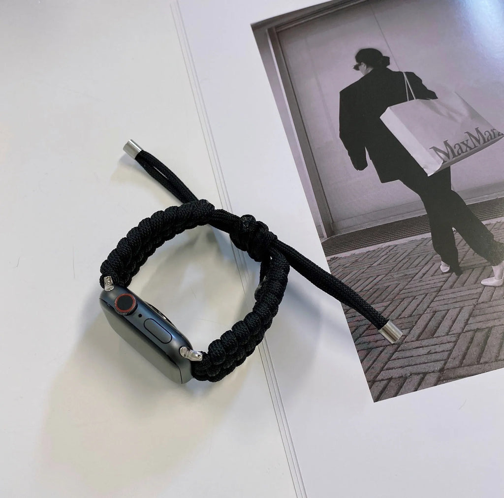 Paracord braided smart watch strap in black and white for Apple Watch and Samsung Huawei models