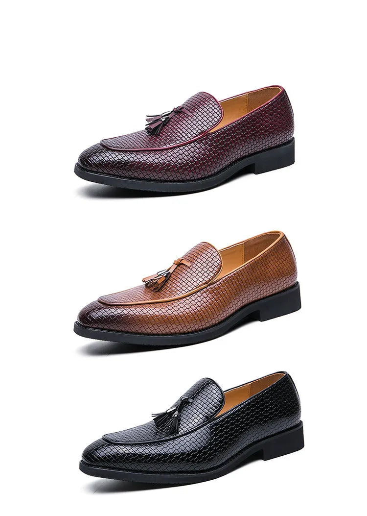 Men's black pointed toe slip-on business shoes with decorative tassel on artificial PU upper
