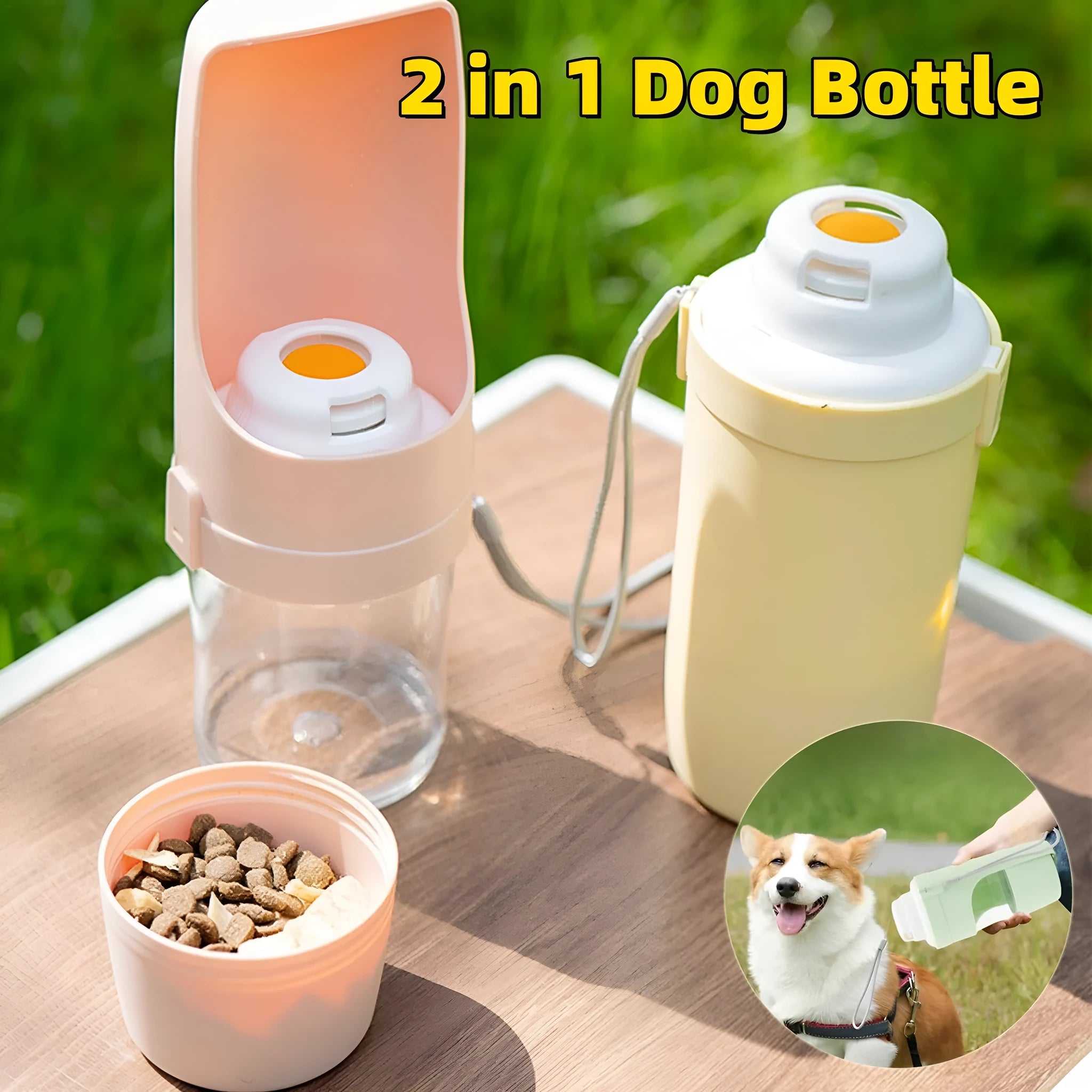 Green 2-in-1 travel dog water bottle and feeder with lanyard, showing folded size.