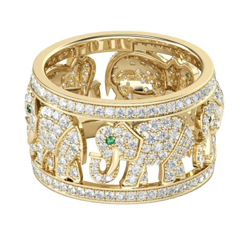 Alloy elephant motif ring with full diamond pattern on band in silver colour