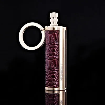 Waterproof metal sticker windproof lighter with red leather cover showing metal body and sticker design