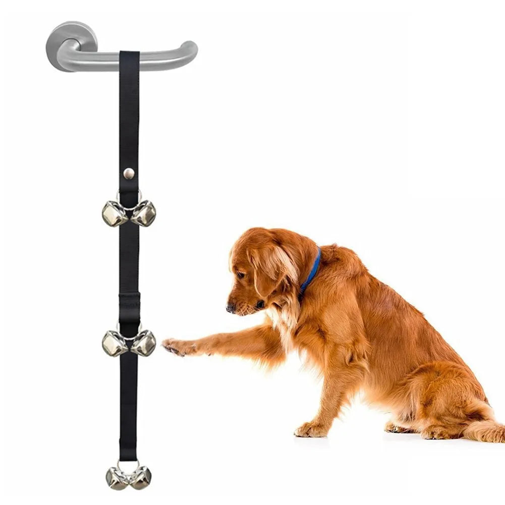 Adjustable dog training doorbell with 7 silver metal bells on nylon leash