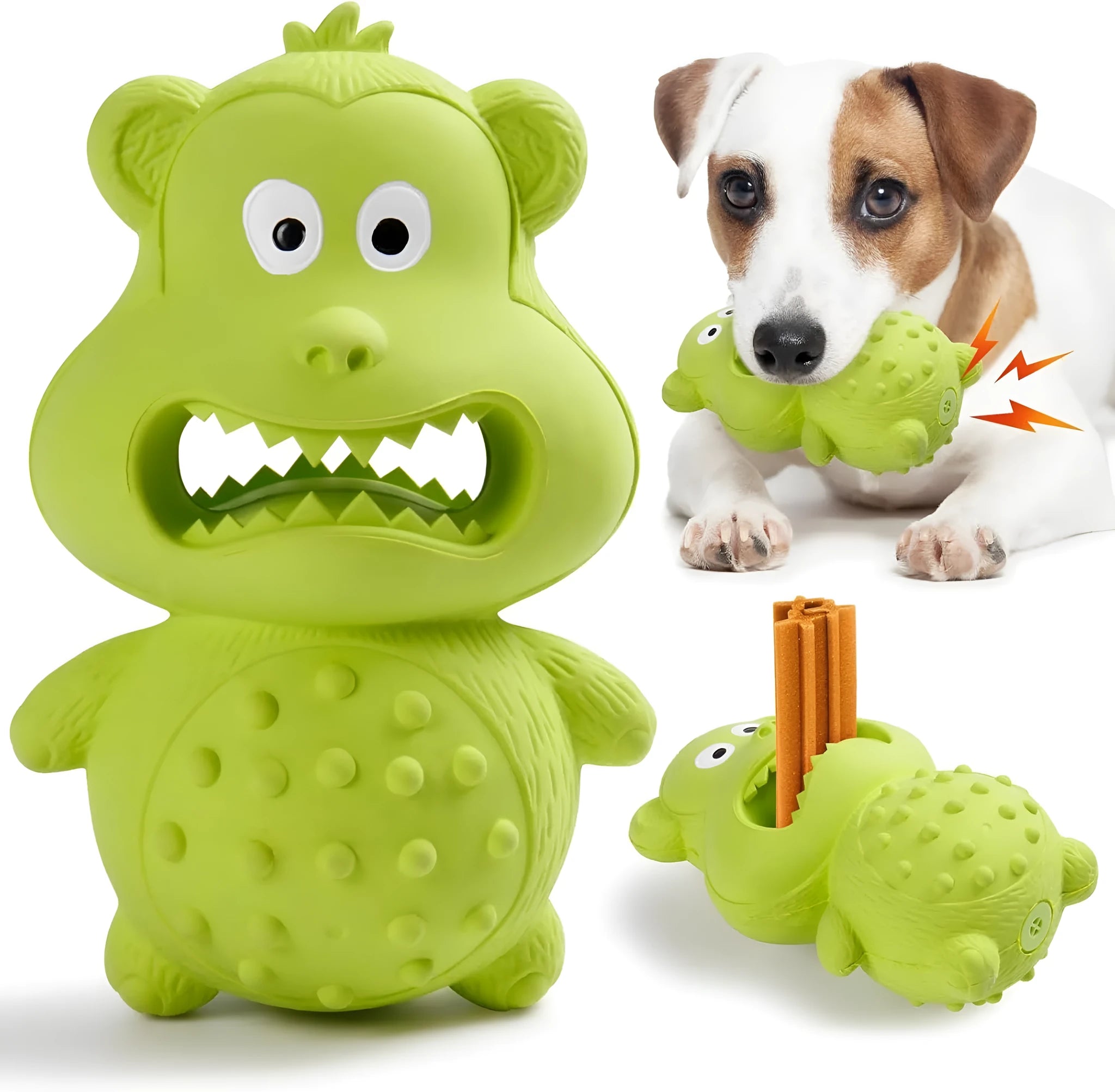 Green and yellow natural rubber squeaky dog toy for aggressive chewers on a white background