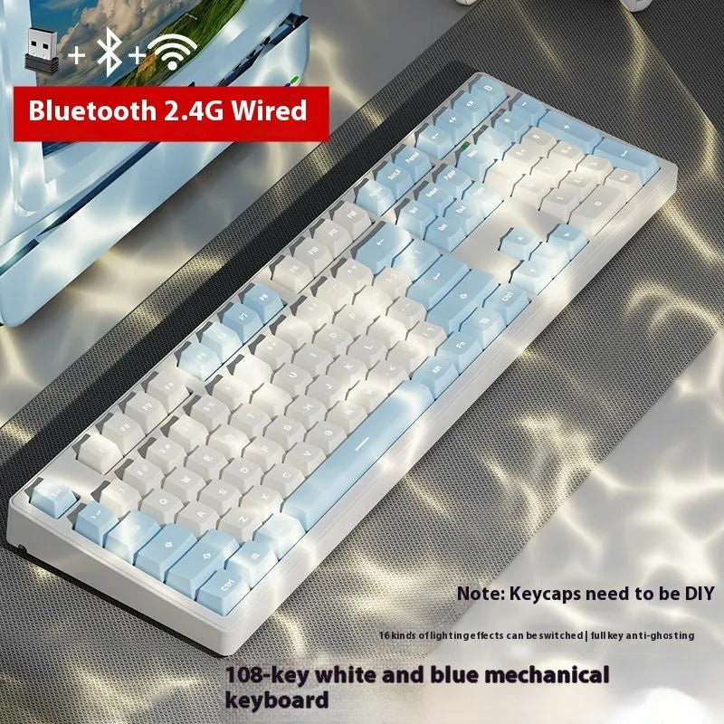 Wireless mechanical keyboard with three connection modes, shown in a choice of 87-key or 108-key layouts and various colour themes.