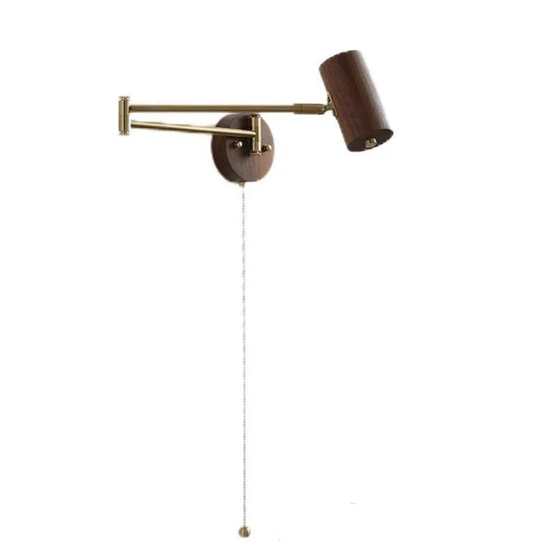 Retro style wall lamp with a long rotating metal arm and a conical shade, shown in a walnut wood finish.