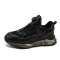 Men's black mesh sneakers with a rotating button on the side and a thick platform sole.