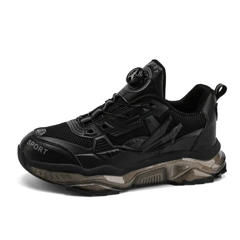 Men's black mesh sneakers with a rotating button on the side and a thick platform sole.