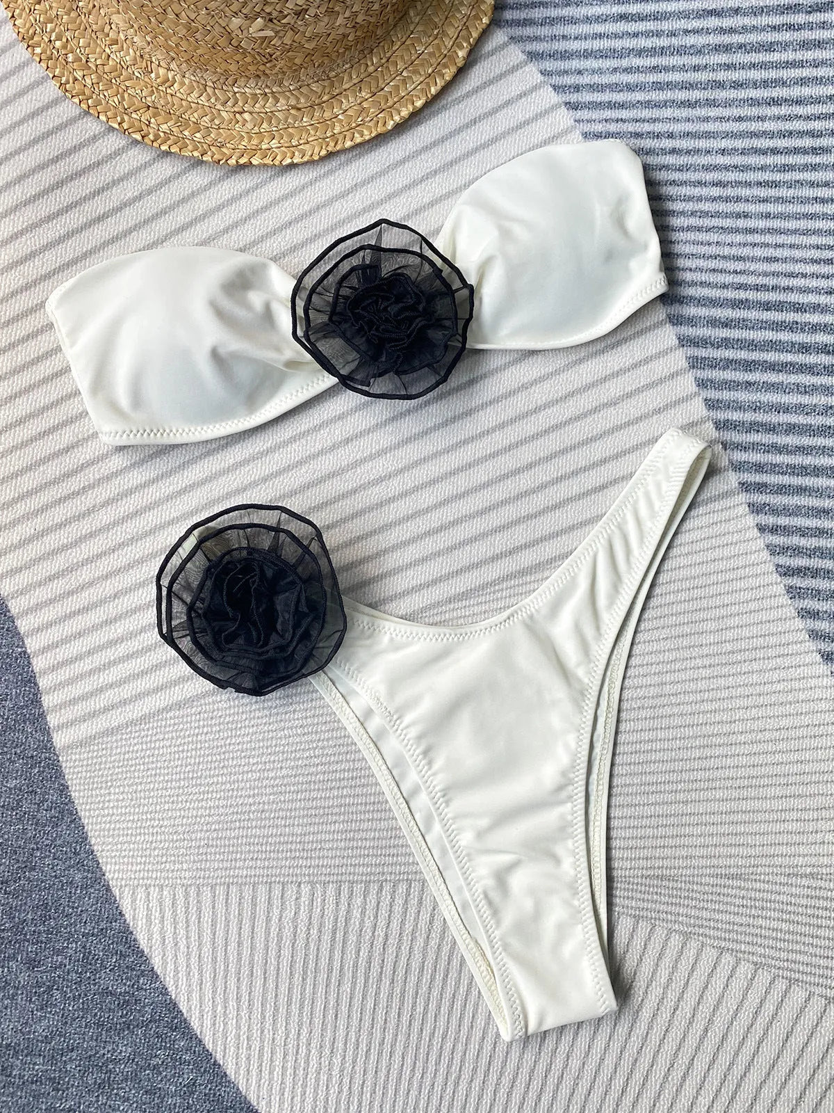 Bikini swimsuit set with cross-border tube top and three-dimensional floral split design in striped pattern.