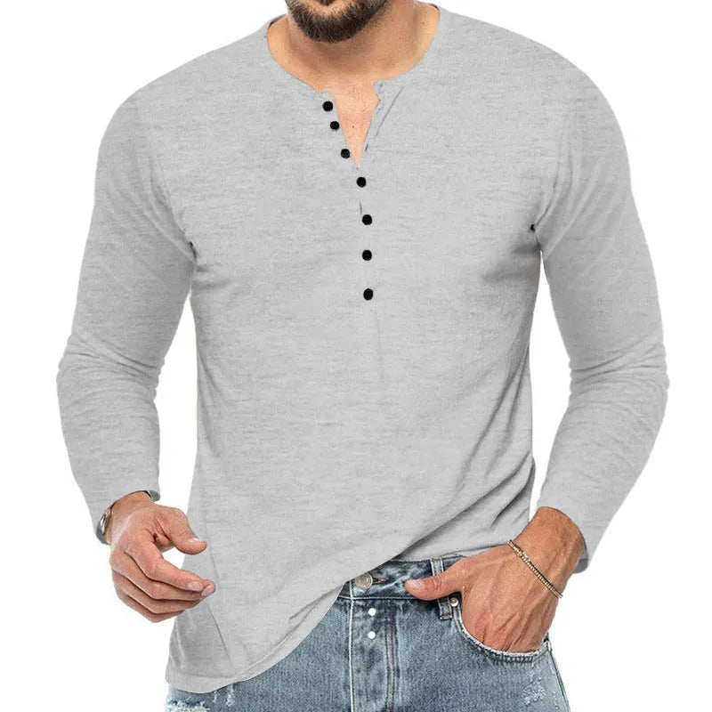 Men's breathable polyester long sleeve henley t-shirt in army green with henley neckline, front view