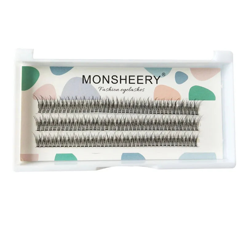 Black V-shaped fairy fishtail false eyelashes with thick segment design, showing 8mm to 12mm length options.