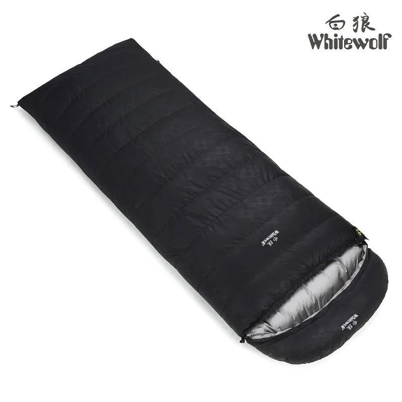 Black adult down sleeping bag with envelope structure for outdoor camping