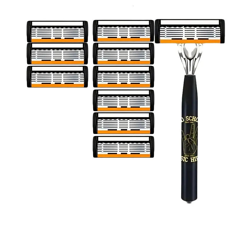 Black manual shaver handle with six-layer finger grip design and multiple blade configurations