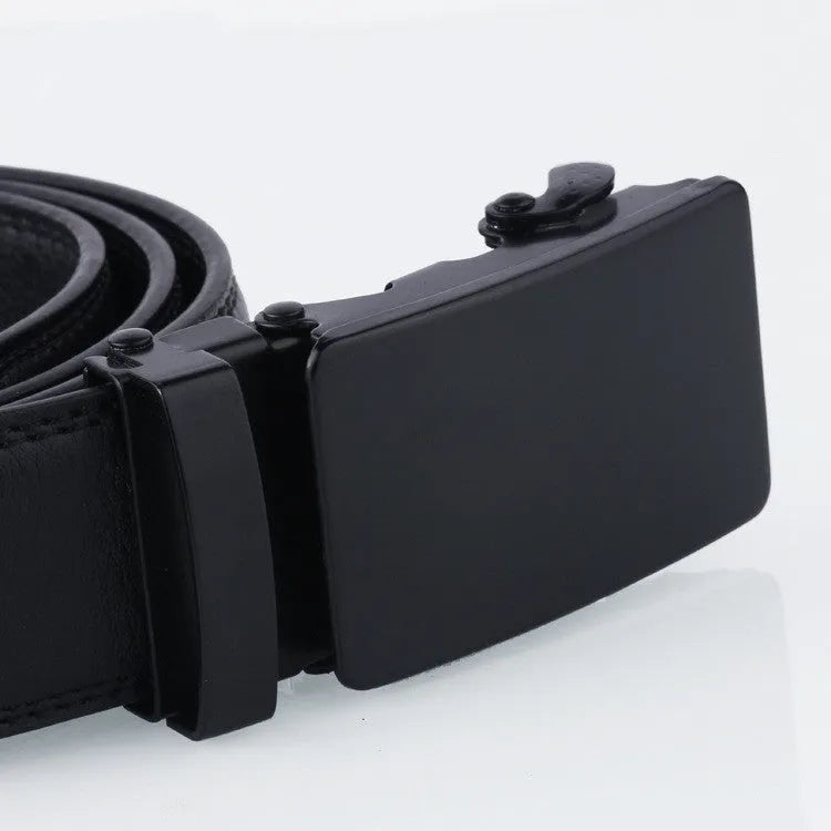 Black sliding buckle men's belt with automatic fastening and iron buckle on neutral background