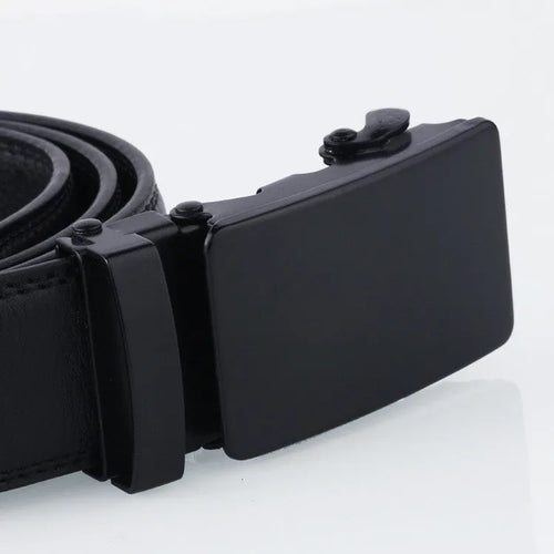 Black sliding buckle men's belt with automatic fastening and iron buckle on neutral background