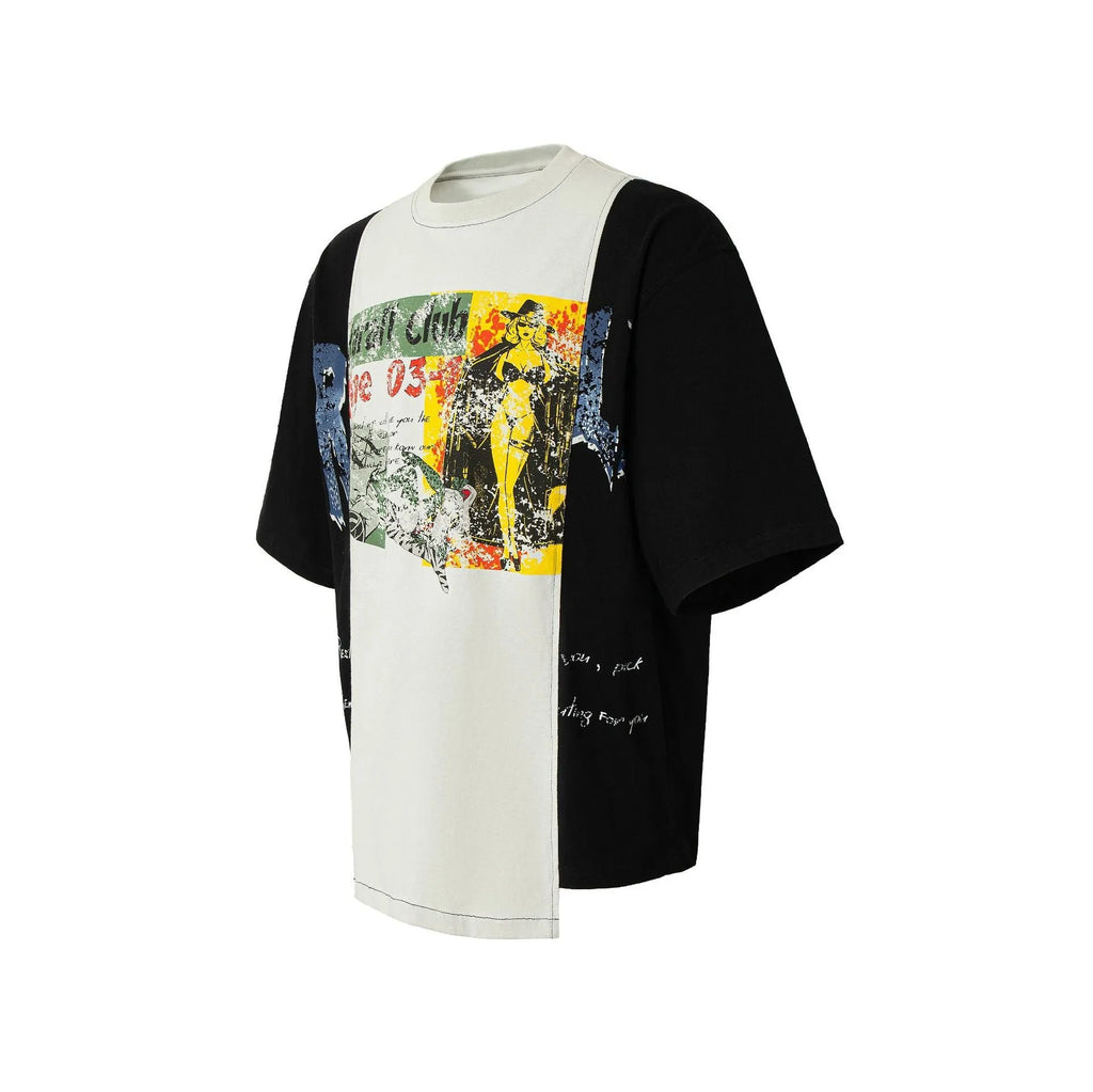 Black and white broken collage deconstruction printed T-shirt with short sleeves and loose fit
