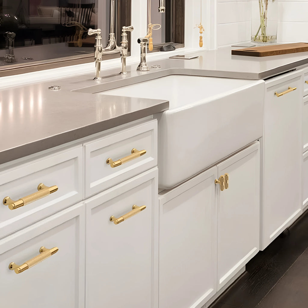 Brushed brass aluminium wardrobe handle with European styling and multiple hole spacing options
