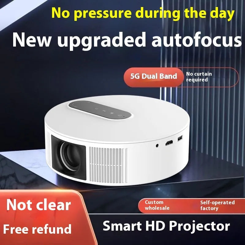 White 720p HD smart home projector with remote control on a wooden surface.