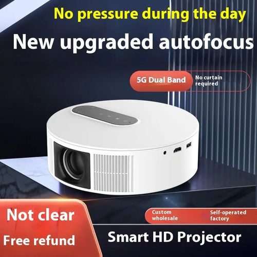 White 720p HD smart home projector with remote control on a wooden surface.