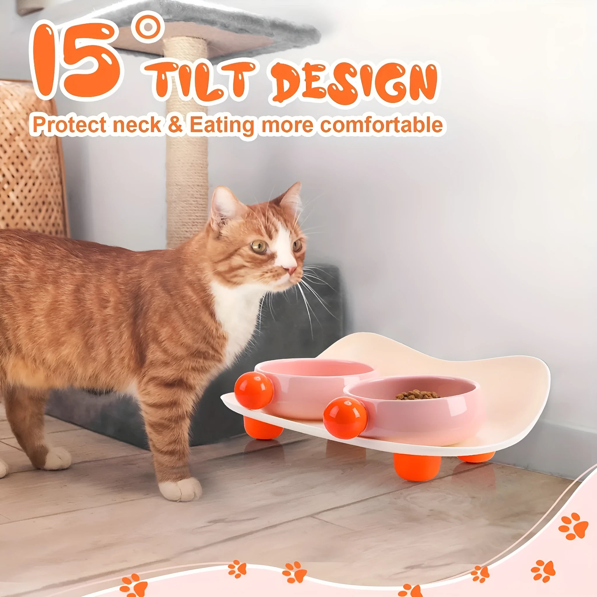 Pink double elevated ceramic pet bowl with non-slip base for cats and small dogs