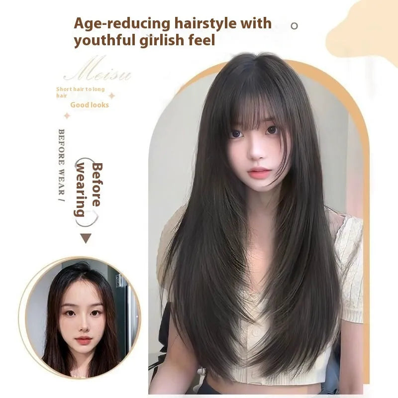 Women's full-head hair net wig in black long straight style with high layering and brown-black root colouration