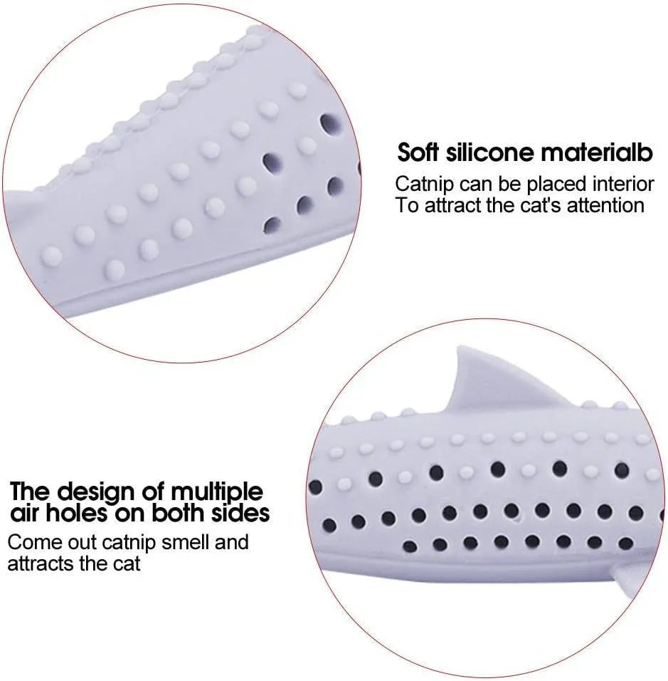 Green silicone fish-shaped interactive chew toy for cats with breathable side holes