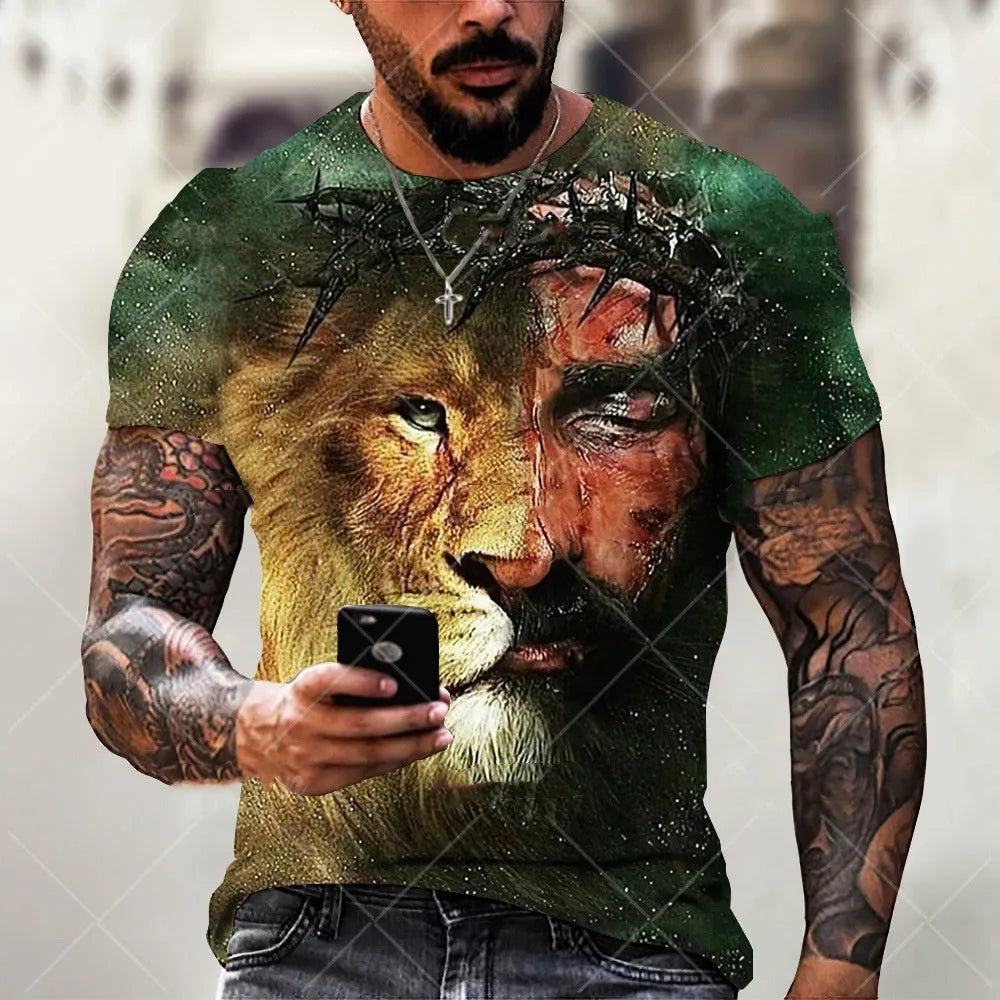 Men's grey t-shirt with a 3D printed Jesus face design on the chest