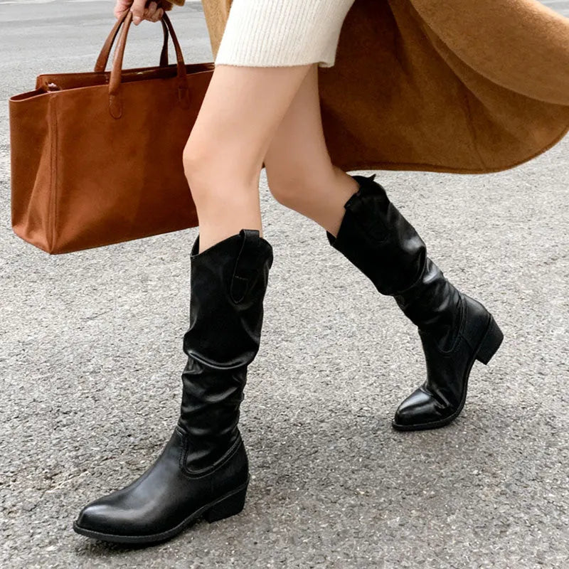 Chunky heel high-top riding boots for women in cloth khaki microfiber with block heel and round toe