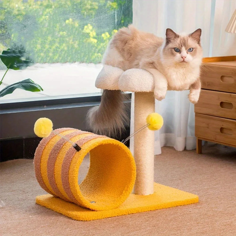 Yellow bee-themed cat climbing frame with sisal scratching boards and tunnel, dimensions 46x36x25cm