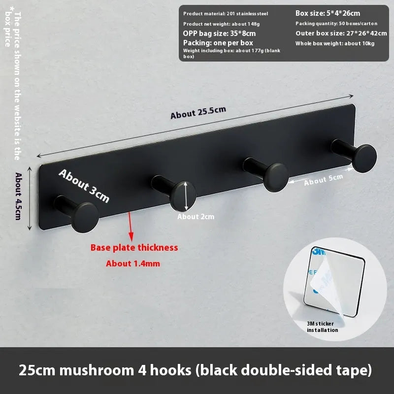 Iron adhesive wall hook with multiple arms on shower door, white double-sided tape visible