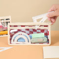 Transparent PVC pencil case with chessboard grid pattern, dimensions 21.5 x 8 x 11.5 cm