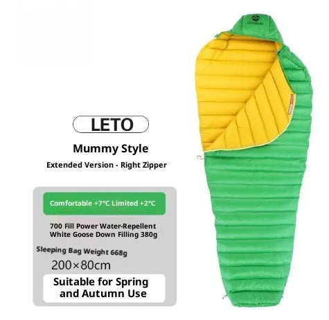 Ultralight goose down mummy sleeping bag in blue with nylon shell for outdoor camping adult use