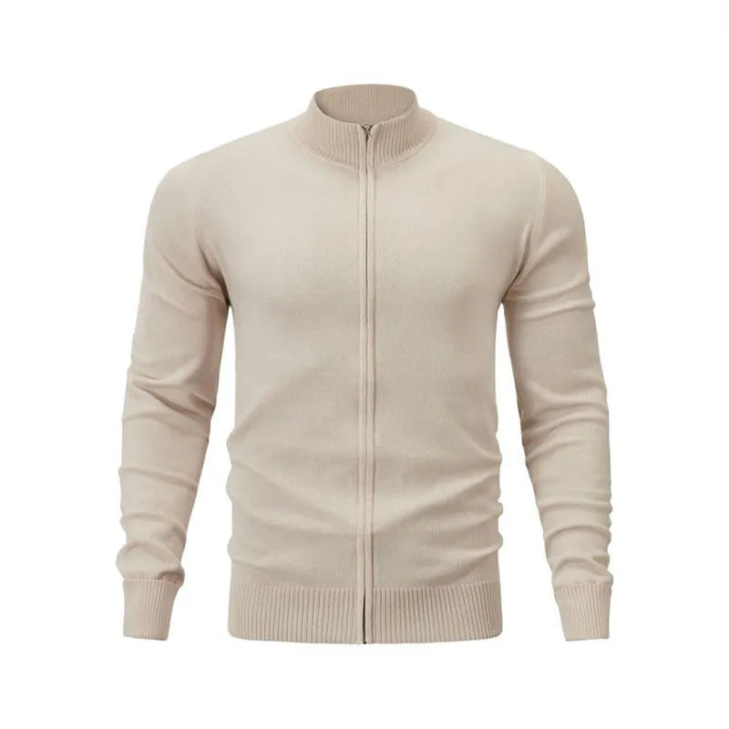 Man wearing a stand collar casual zip-up sweater in a solid colour, showing the full-length front zipper and loose fit.