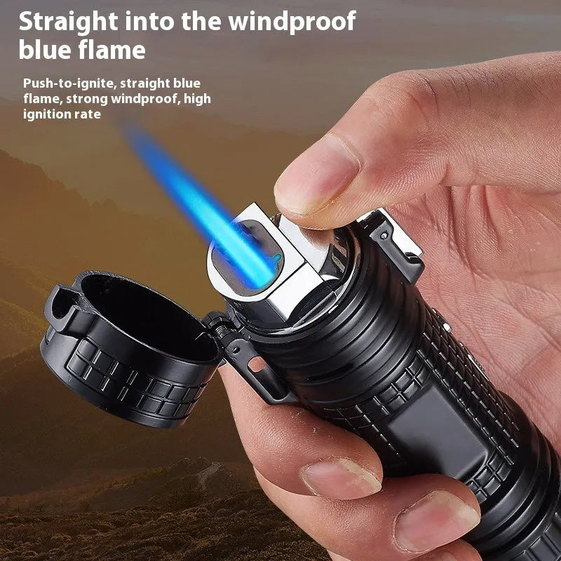 Multi-functional waterproof metal flashlight lighter TH727 in camouflage, red, black, blue, and yellow colours