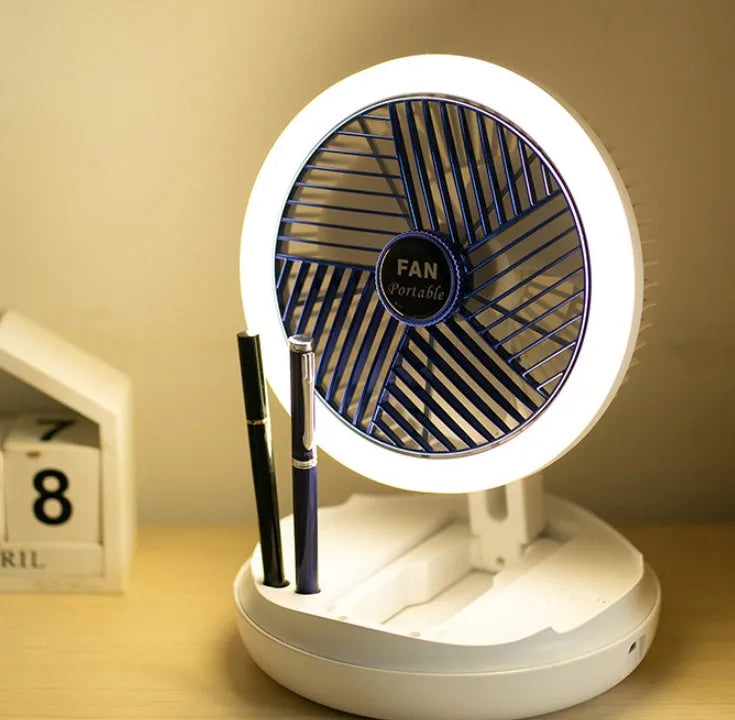 Blue or grey foldable USB fan with LED light showing desk and wall mounting options