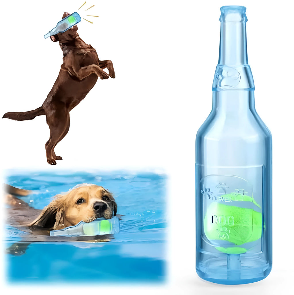 Blue green red natural rubber dog water bottle cruncher toy with squeaker for aggressive chewers