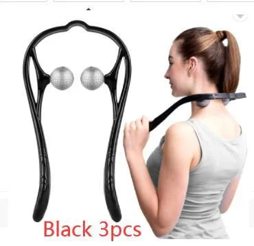 Blue plastic neck massager with hand roller and bracket for pressure point therapy on neck and shoulders