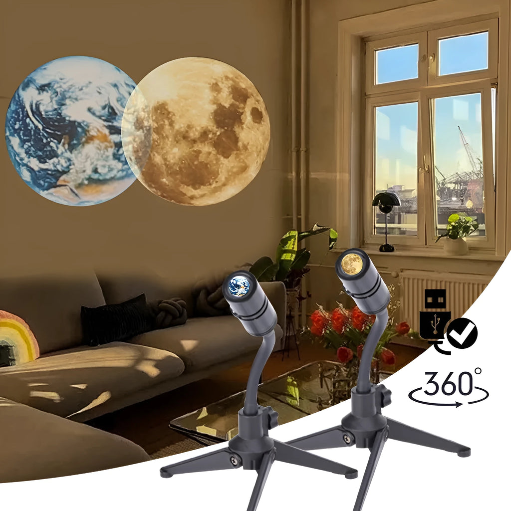 Earth and Moon projection lamp with adjustable hose bracket on a USB cable