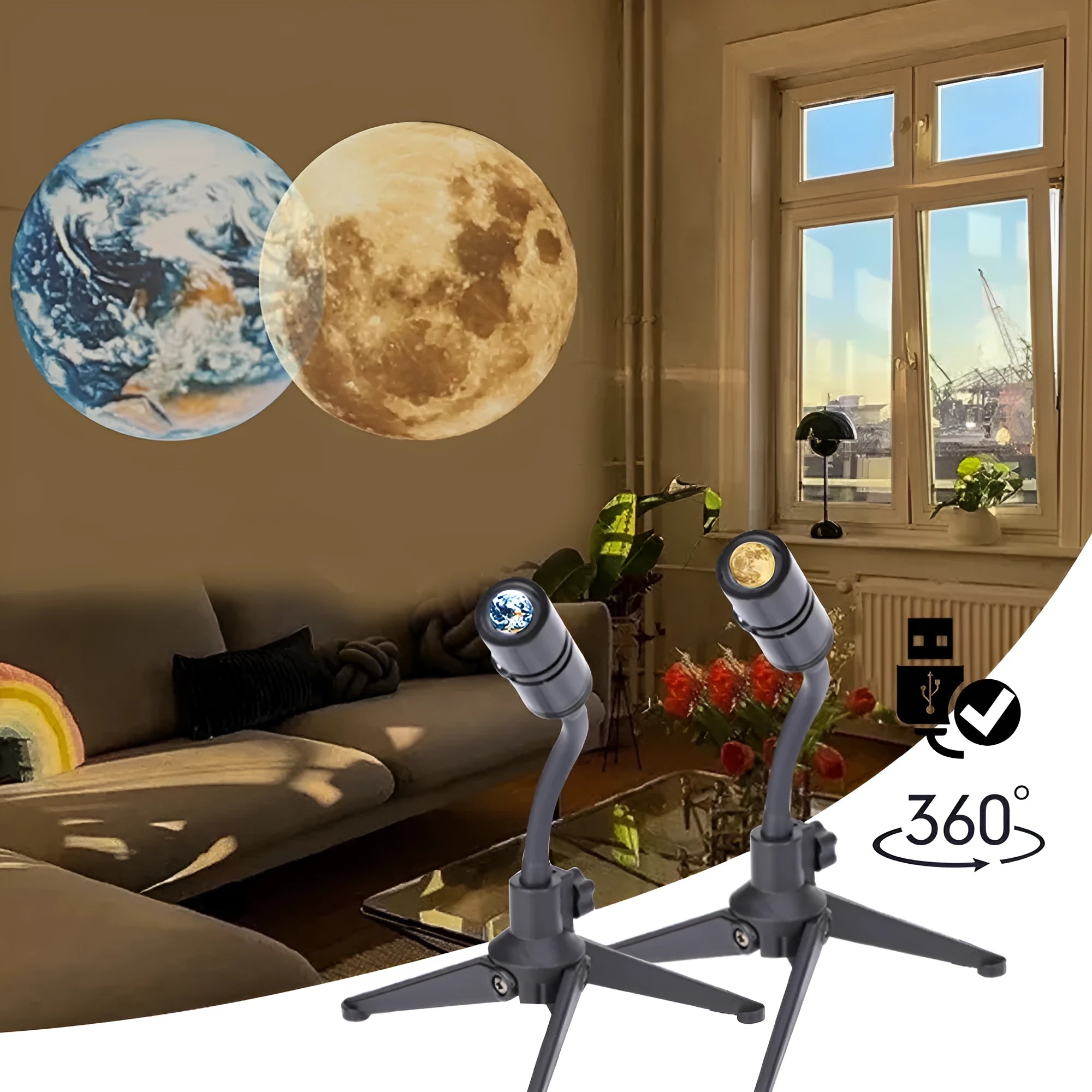 Earth and Moon projection lamp with adjustable hose bracket on a USB cable