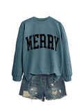 Women's cotton round neck long sleeve sweater in blue with black accents