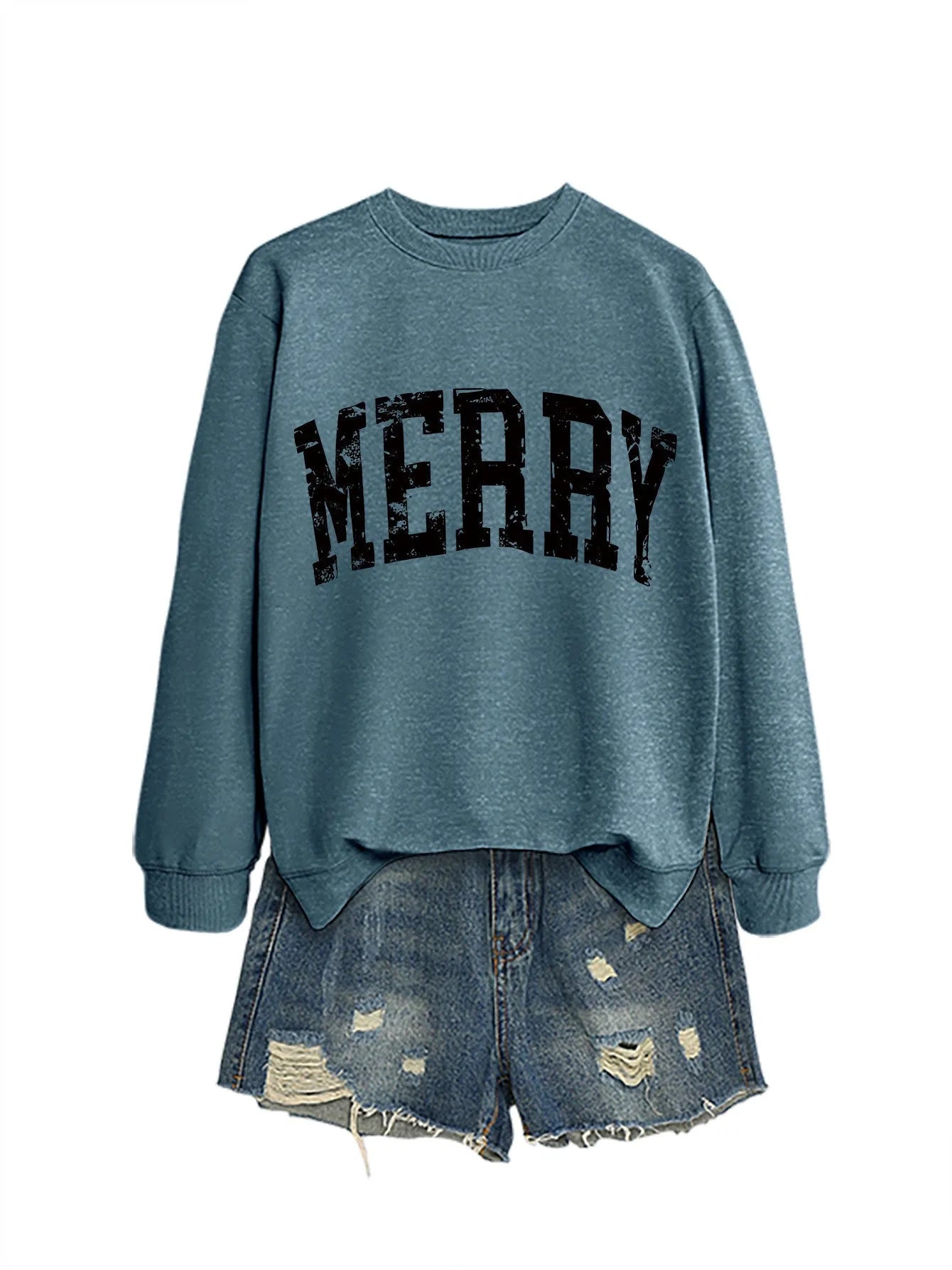 Women's cotton round neck long sleeve sweater in blue with black accents